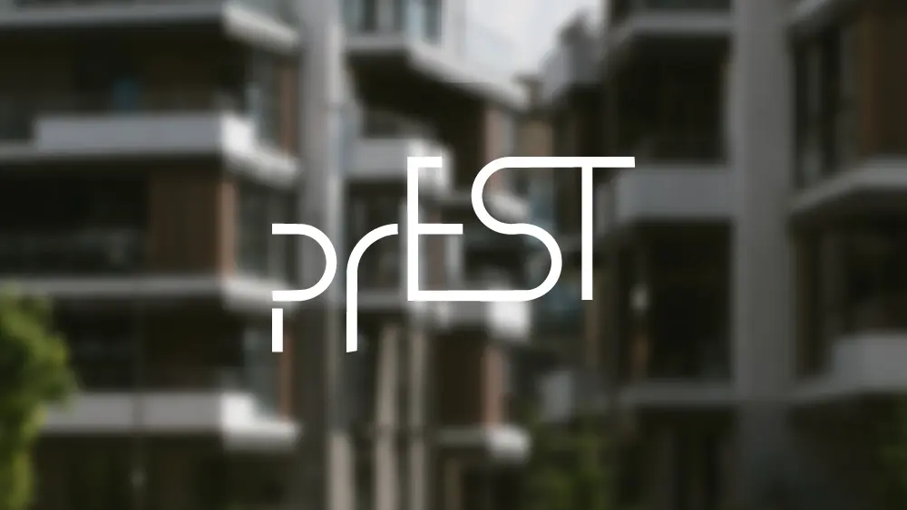 Logo Prest Estate na tle osiedla mieszkaniowego