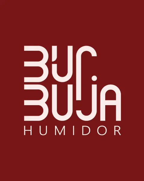 Logo Burbuja Humidor na bordowym tle
