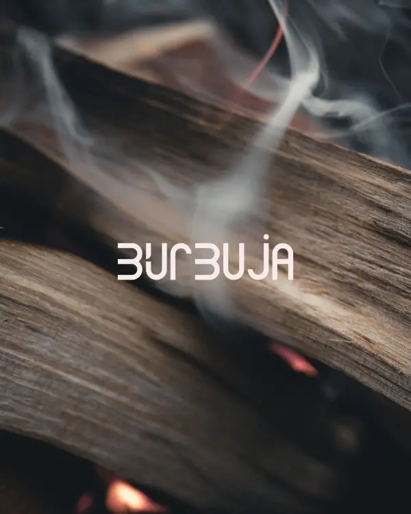 Logo Burbuja Humidor na tle drewna i dymu, grafika na Instagram
