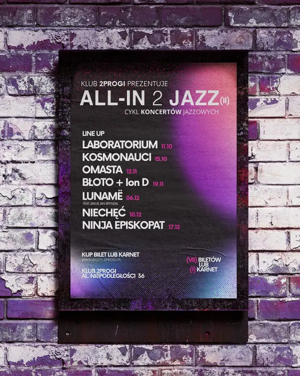 Plakat All-in 2 Jazz (II) z line-upem koncertów na ceglanej ścianie