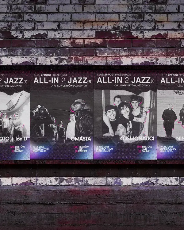 Plakaty koncertów All-in 2 Jazz (II): Błoto + Ion D, Omasta, Kosmonauci, Ninja Episkopat na ceglanej ścianie